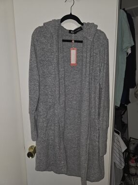Gray Hooded Open Cardigan Sweater Size Med
